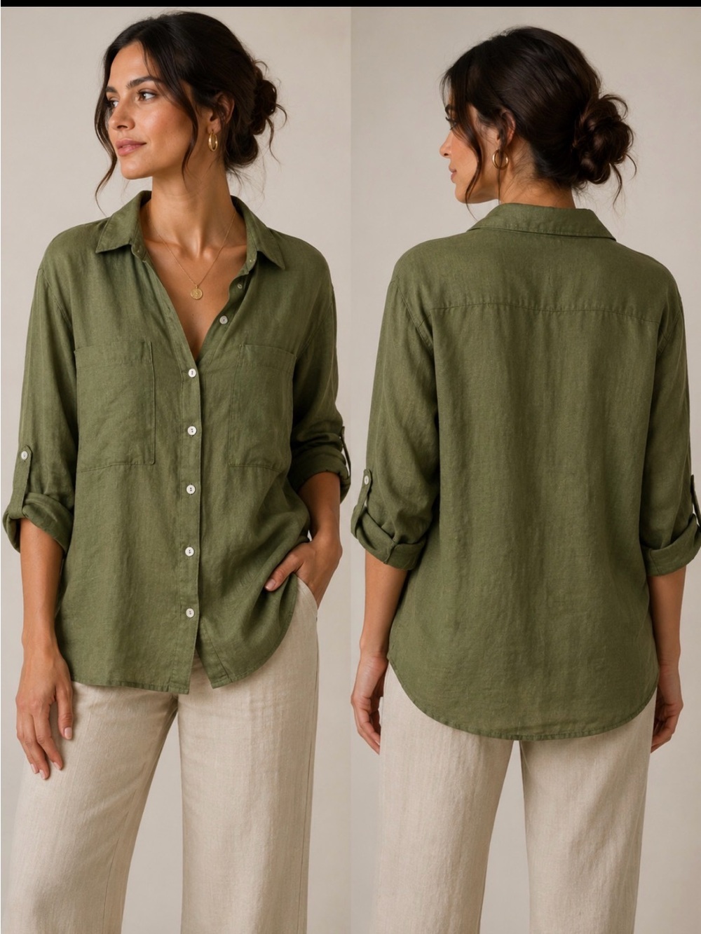 Magaschoni Olive Green Linen Button-Down Shirt